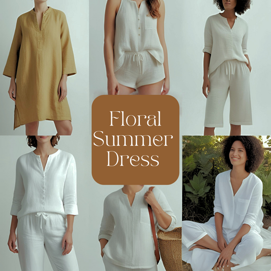 Floral linen dress displyaed by models, featuring hand-printed flower motifs and a soft, breathable texture.