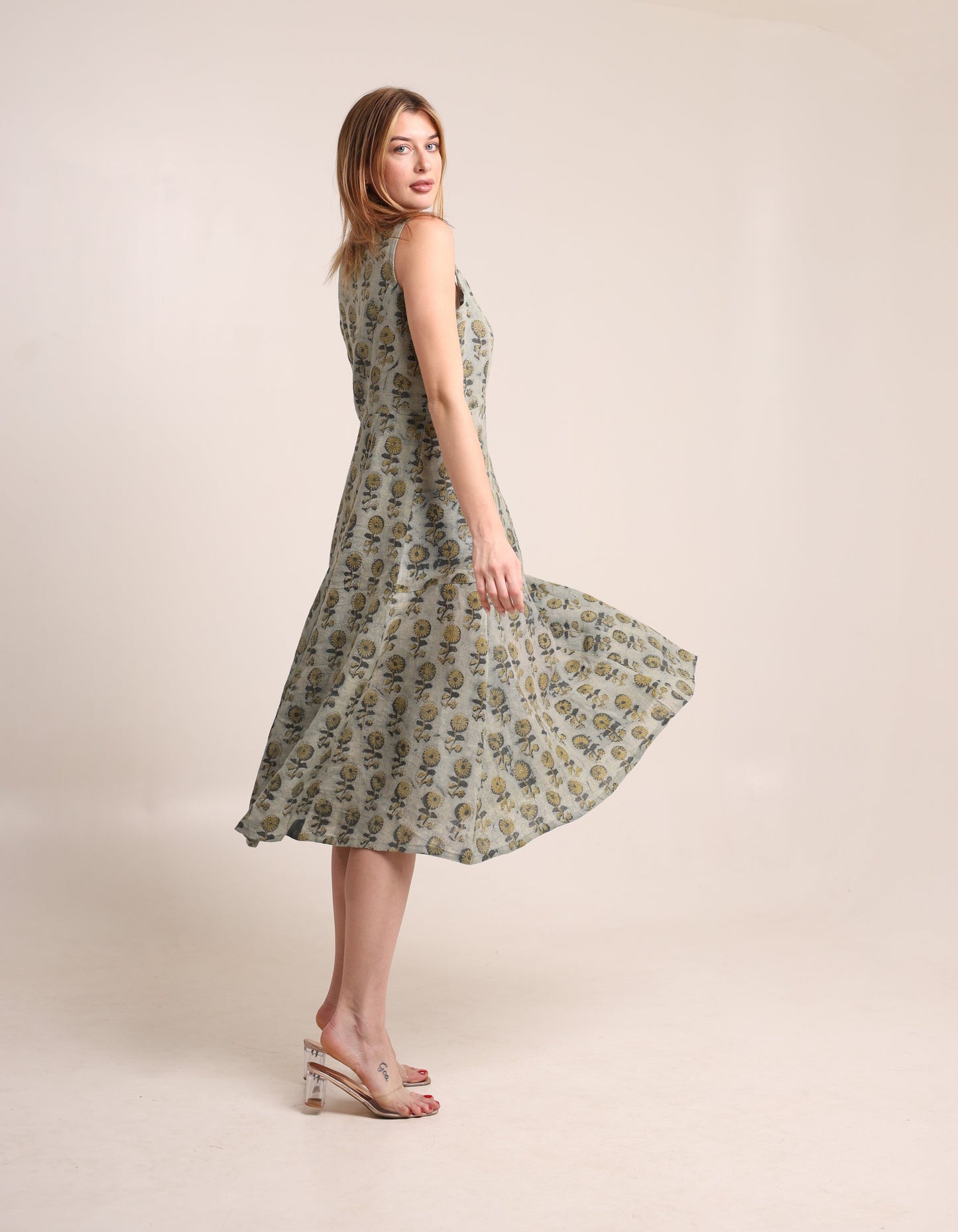 Linen floral block printed gown dress