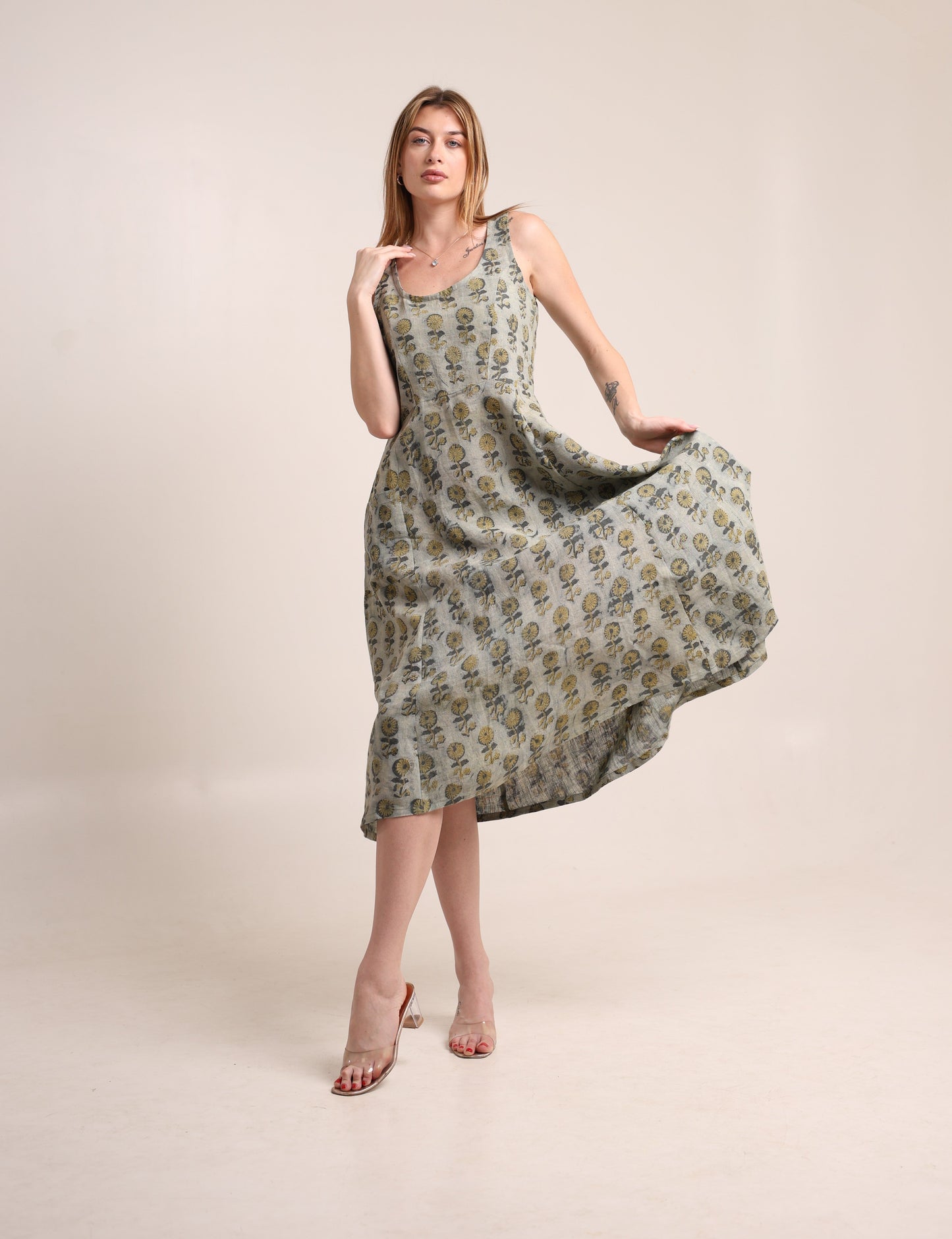 Linen floral block printed gown dress