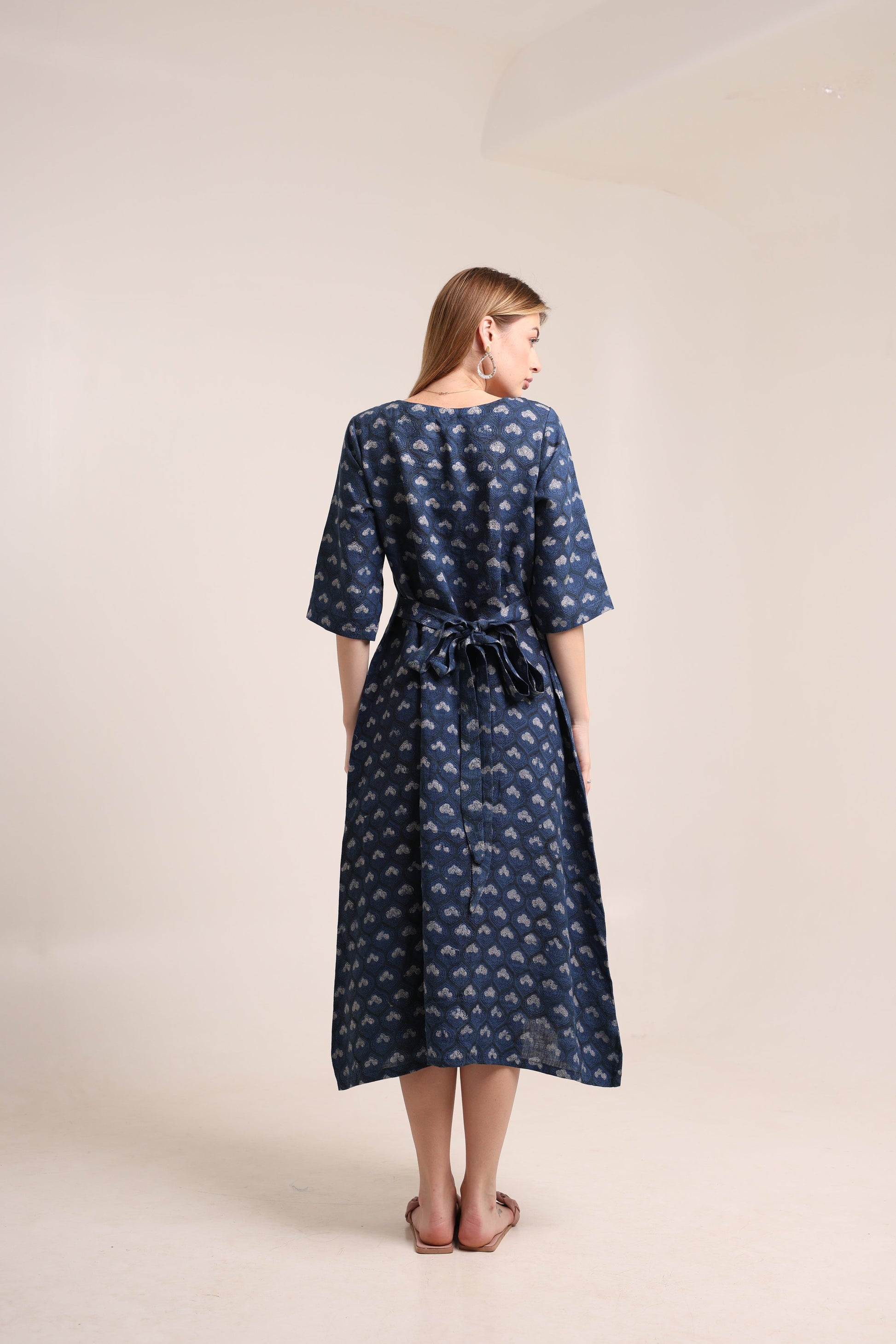 Linen Navy Blue Block Print Maxi Dress