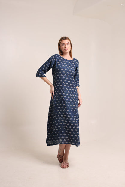 Linen Navy Blue Block Print Maxi Dress