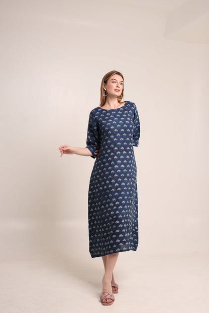 Linen Navy Blue Block Print Maxi Dress
