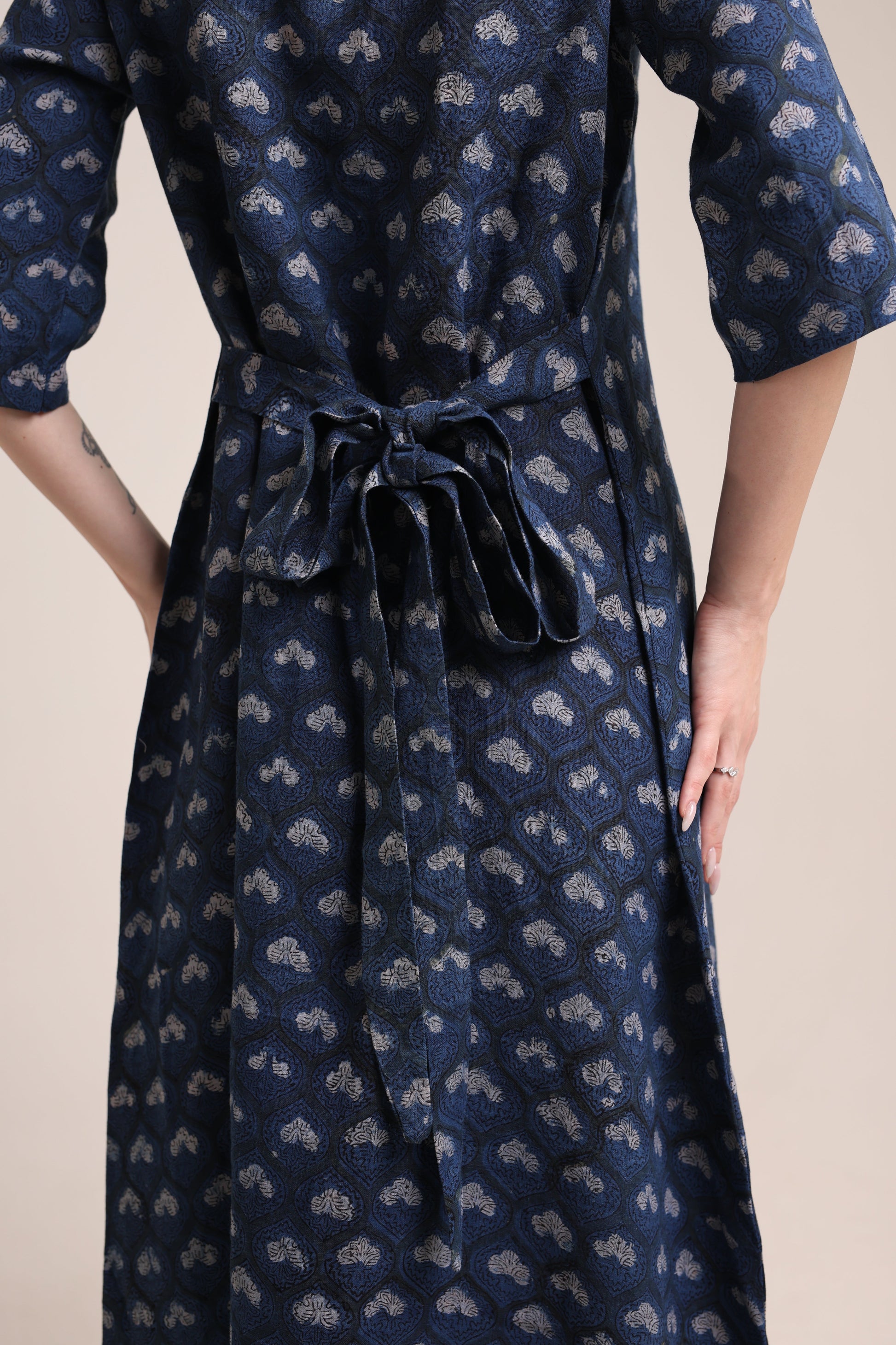 Linen Navy Blue Block Print Maxi Dress