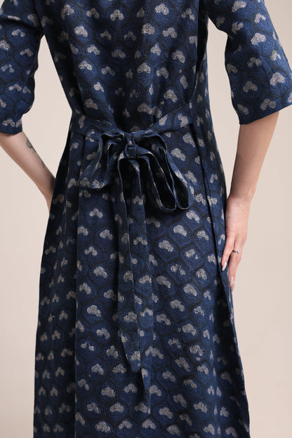 Linen Navy Blue Block Print Maxi Dress