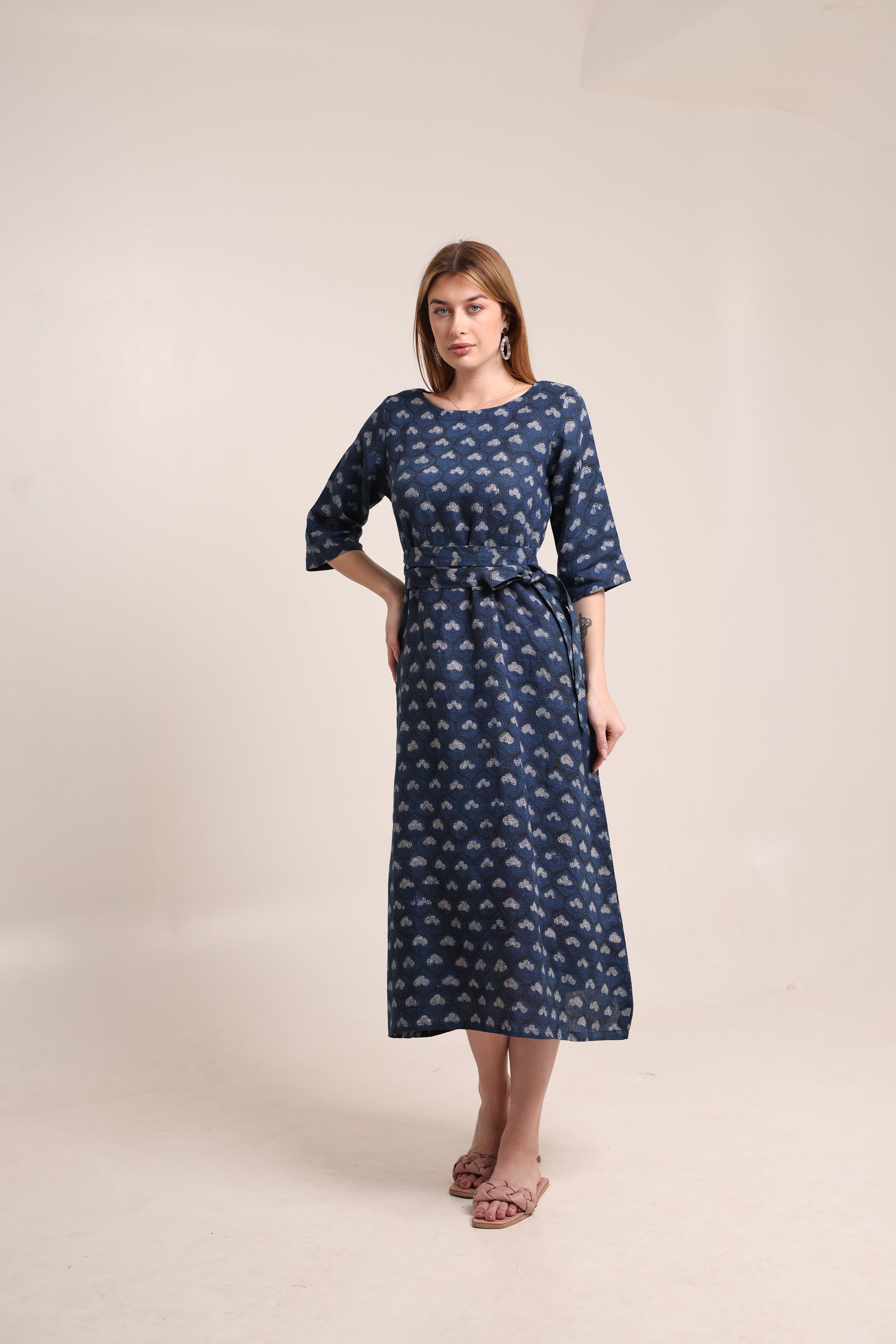 Linen Navy Blue Block Print Maxi Dress