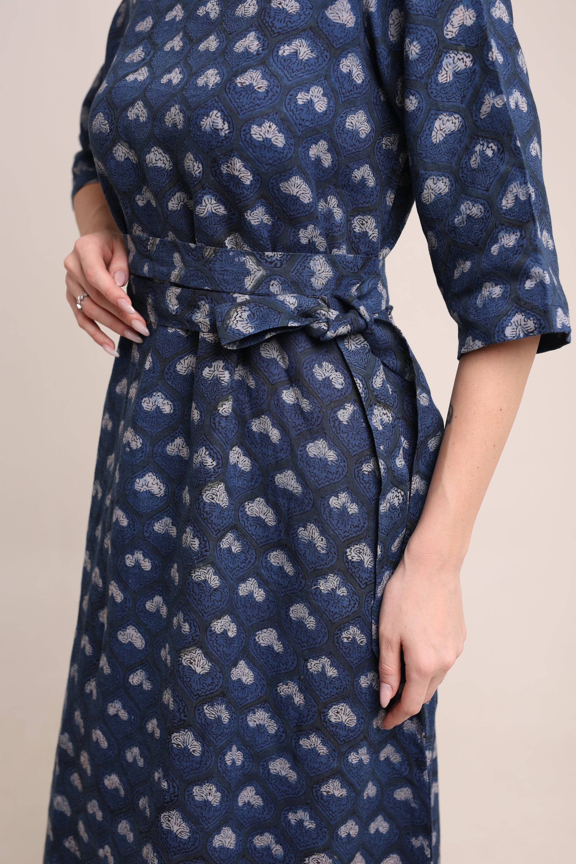 Linen Navy Blue Block Print Maxi Dress