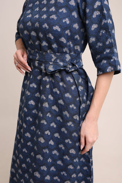 Linen Navy Blue Block Print Maxi Dress
