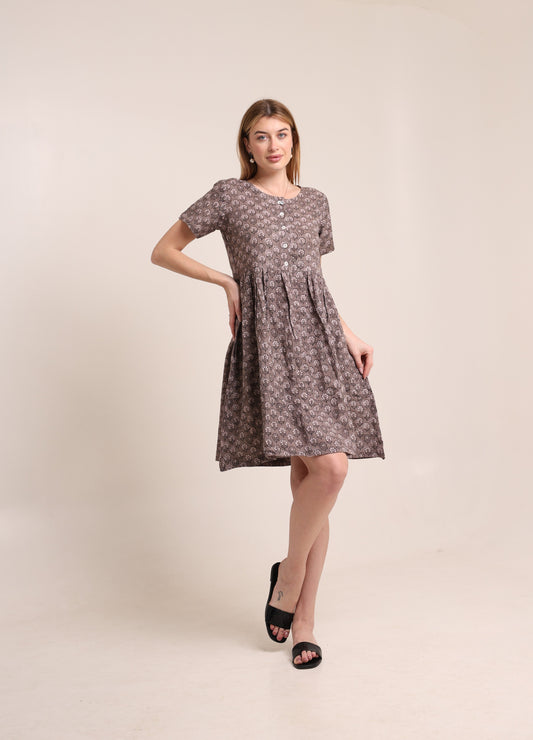 Linen Casual A-line dress with round neckline