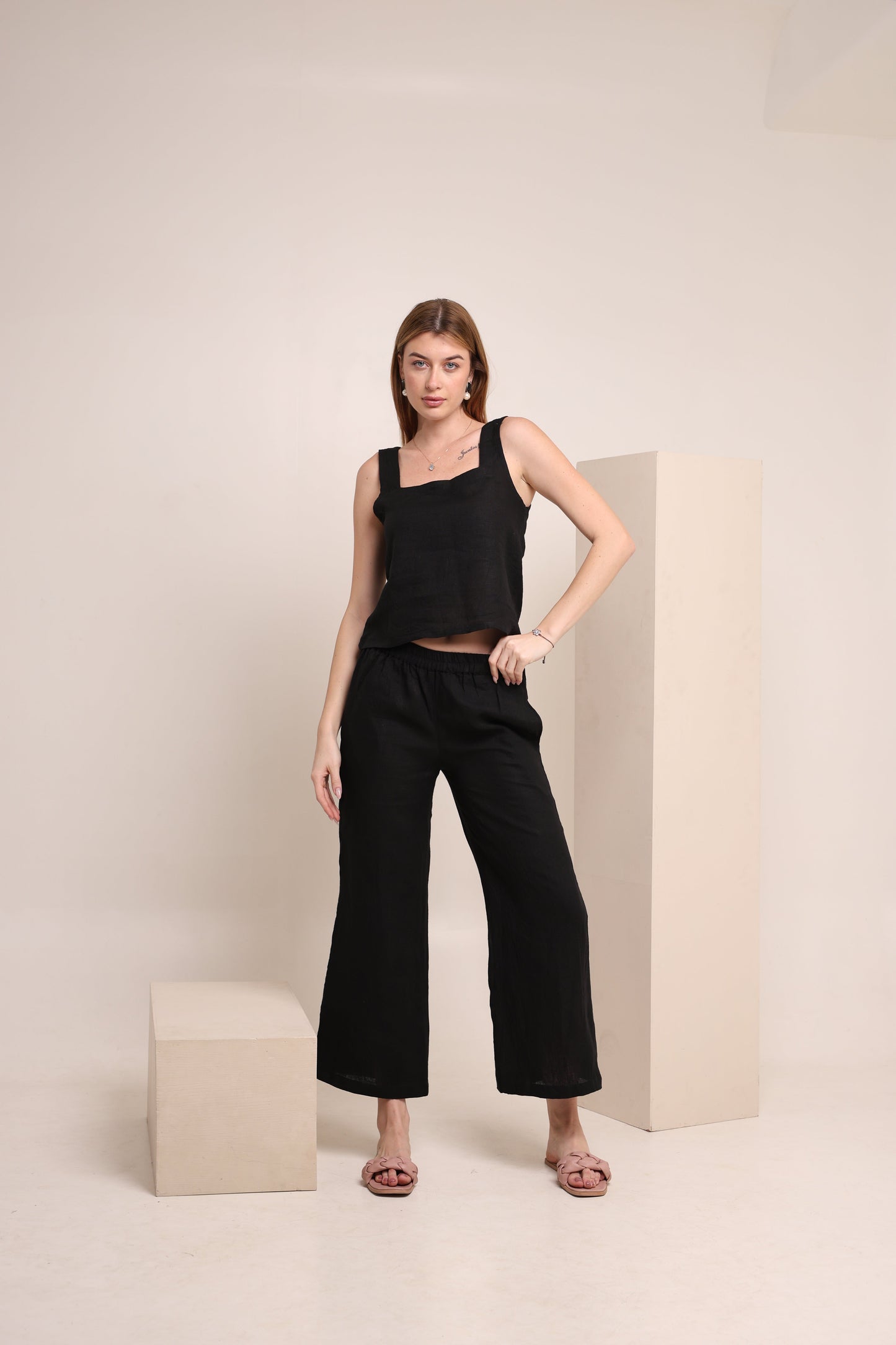 Linen Sholid Black Color Co-ord Set for Women - Sleeveless Top & Cropped Pants