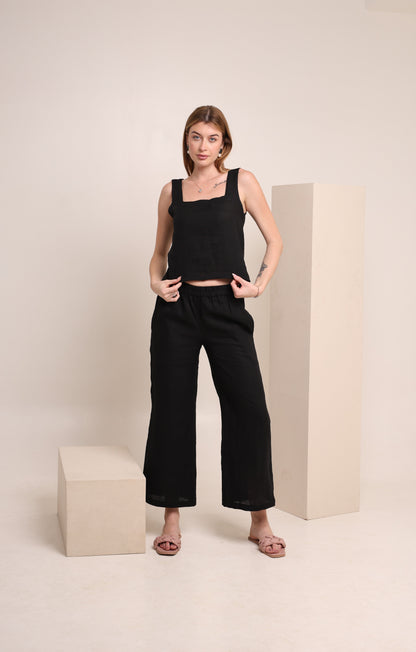 Linen Sholid Black Color Co-ord Set for Women - Sleeveless Top & Cropped Pants