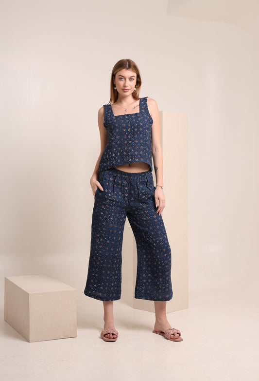 Trendy Navy Blue Printed Co-ord Set for Women - Sleeveless Top & Cropped Pants