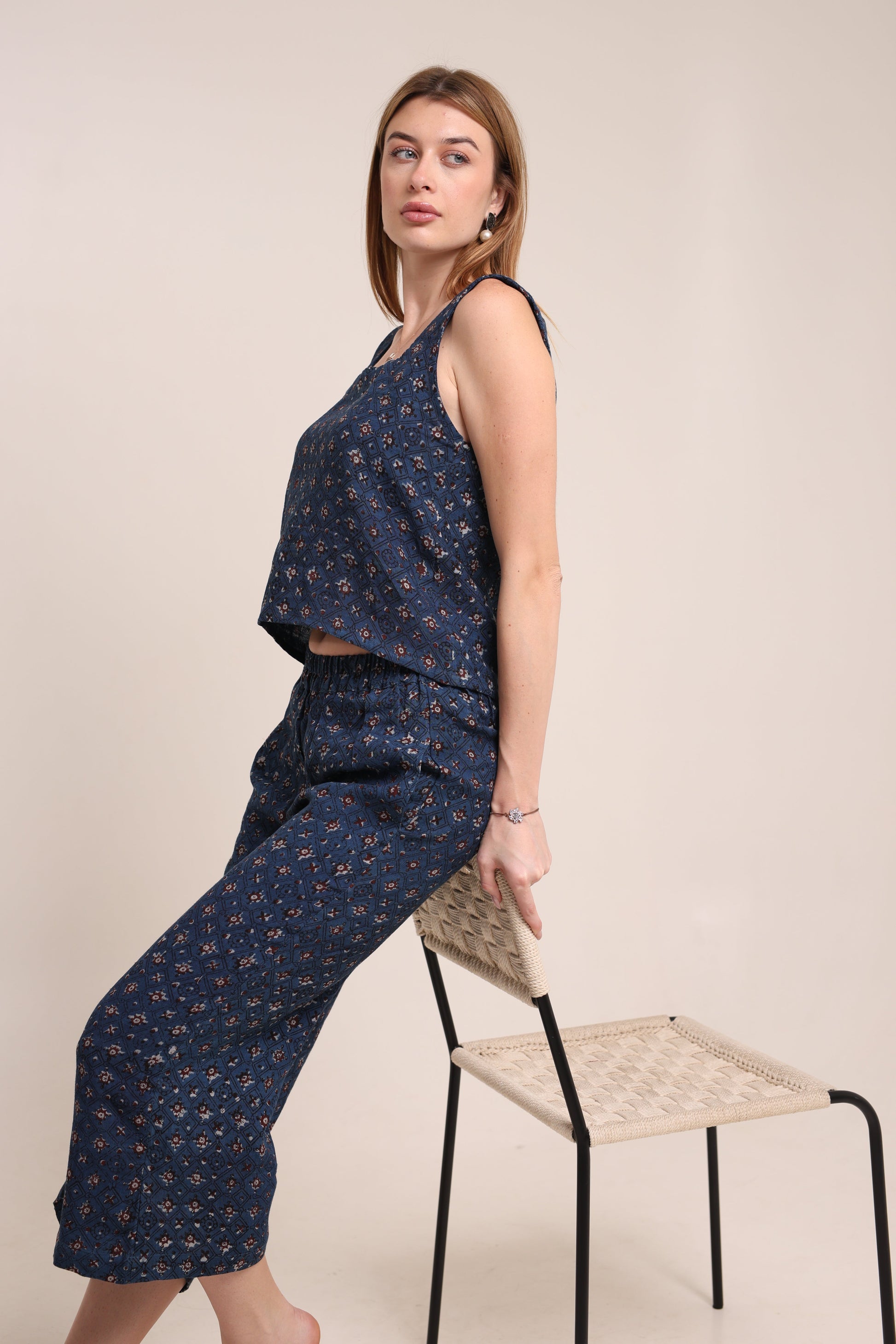 Trendy Navy Blue Printed Co-ord Set for Women - Sleeveless Top & Cropped Pants