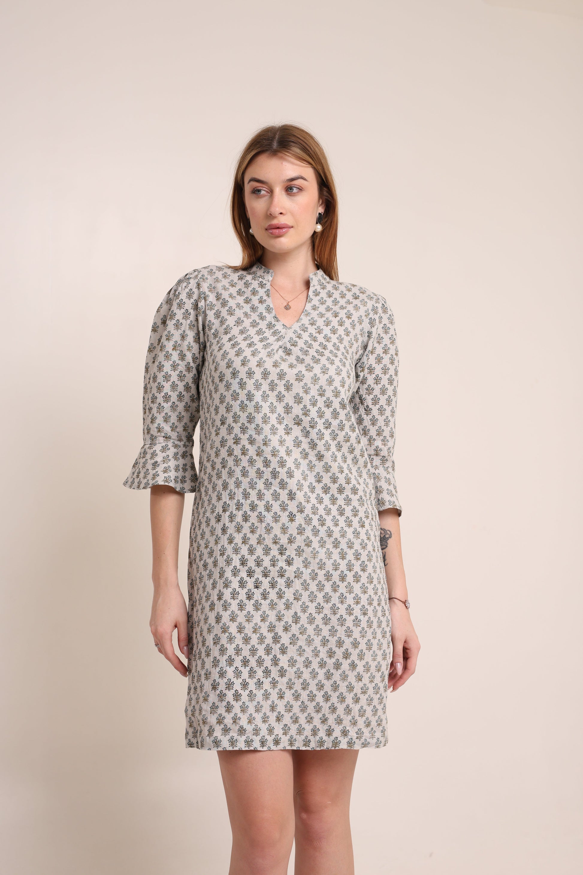 Linen floral block printed gown dress