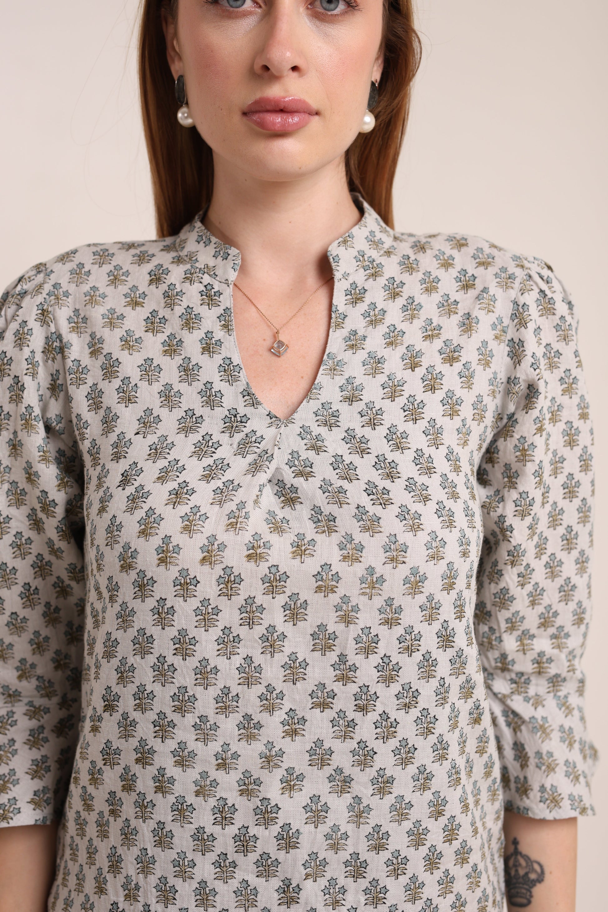 Linen floral block printed gown dress
