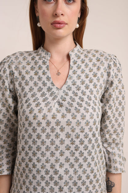 Linen floral block printed gown dress
