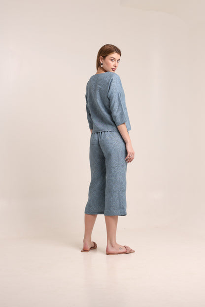 Linen Light Blue Printed Co-ord Set for Women