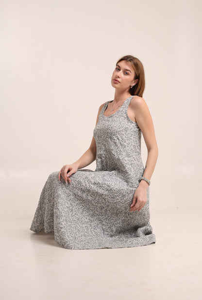 Linen Floral Printed Gown Dress