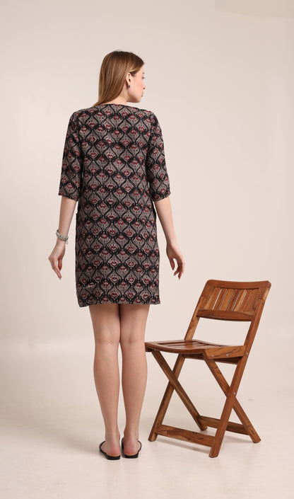 Women's Black Floral Print Dress with Pockets