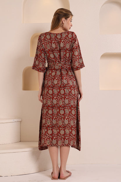 Linen Block Print Maxi Dress in Dark Red Color