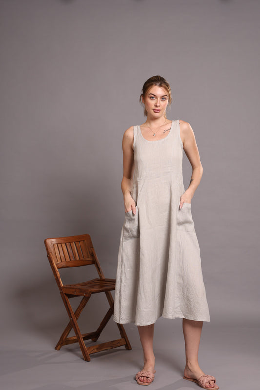 Linen Sleeveless Midi Dress in Grey Color With Pockets  